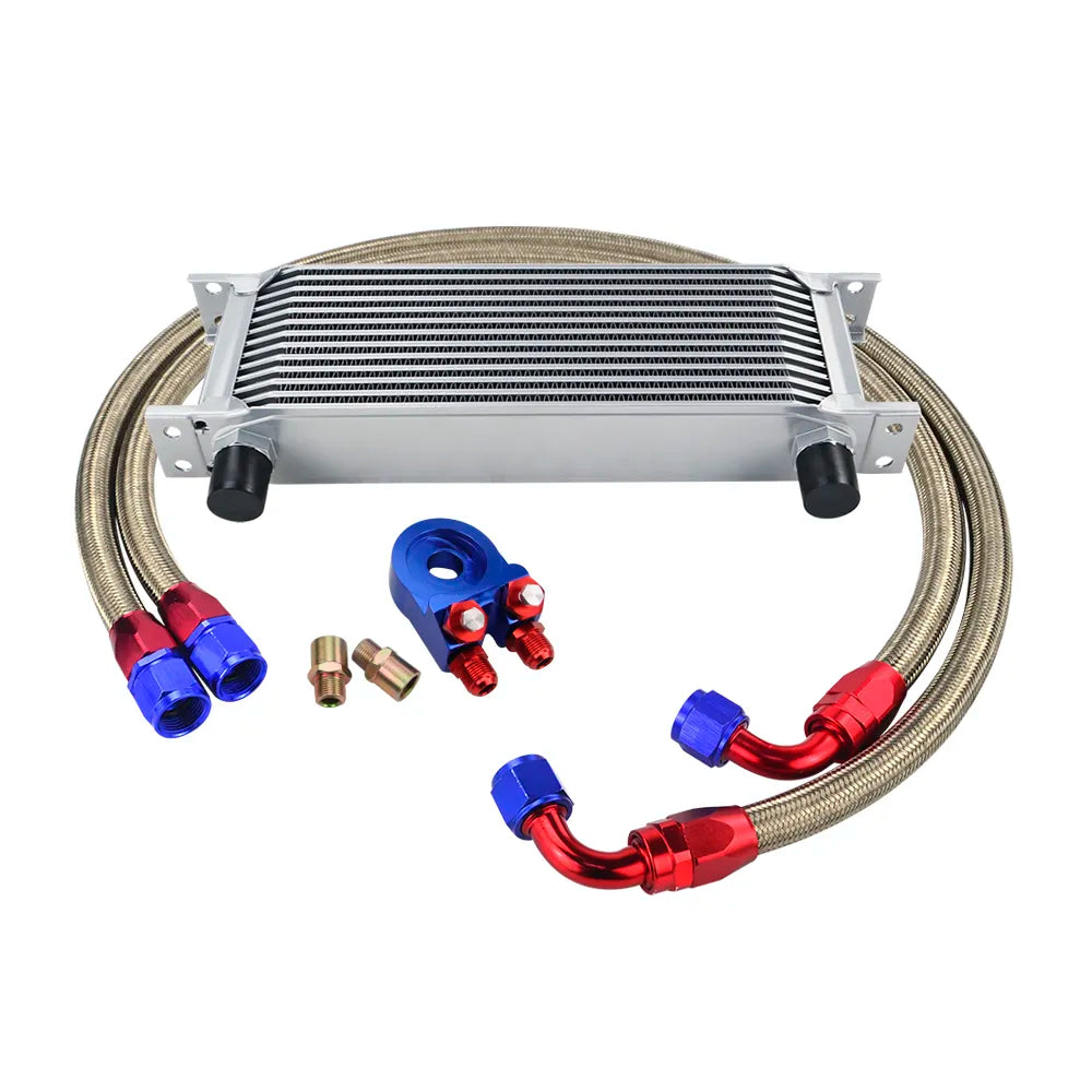 AN10 Universal 13 Rows Oil Cooler Kit + Oil Filter Sandwich Adapter + Staingless Steel Braided AN10 Fuel Hose Connector