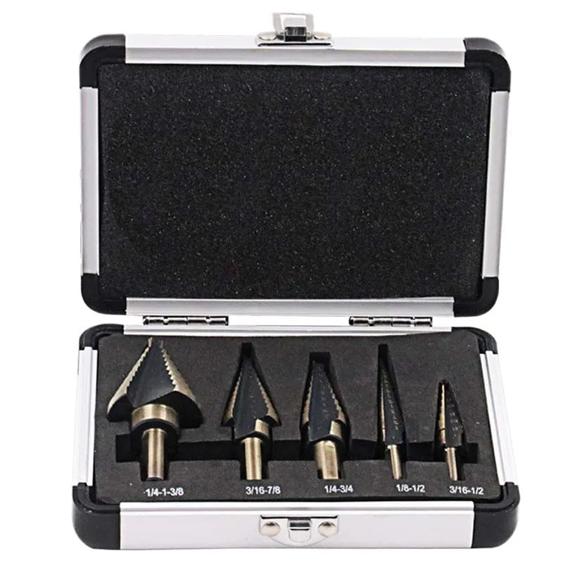 Arrival High Quality 5pcs/Set HSS COBALT MULTIPLE HOLE 50 Sizes STEP DRILL BIT SET w Aluminum Case