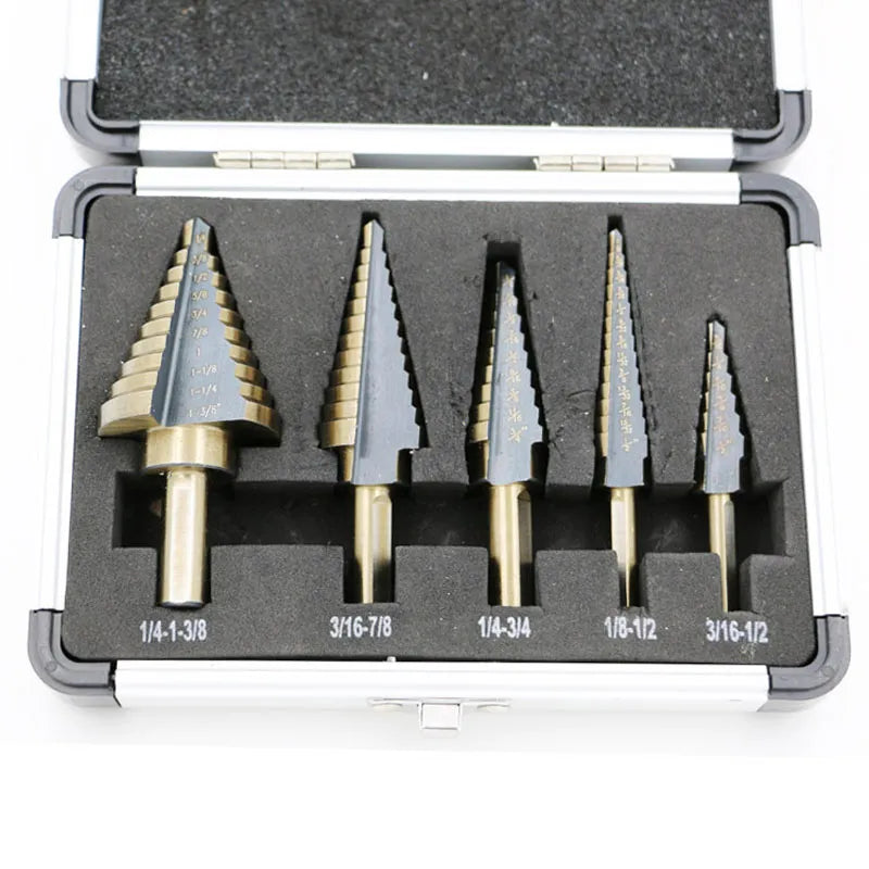 Arrival High Quality 5pcs/Set HSS COBALT MULTIPLE HOLE 50 Sizes STEP DRILL BIT SET w Aluminum Case