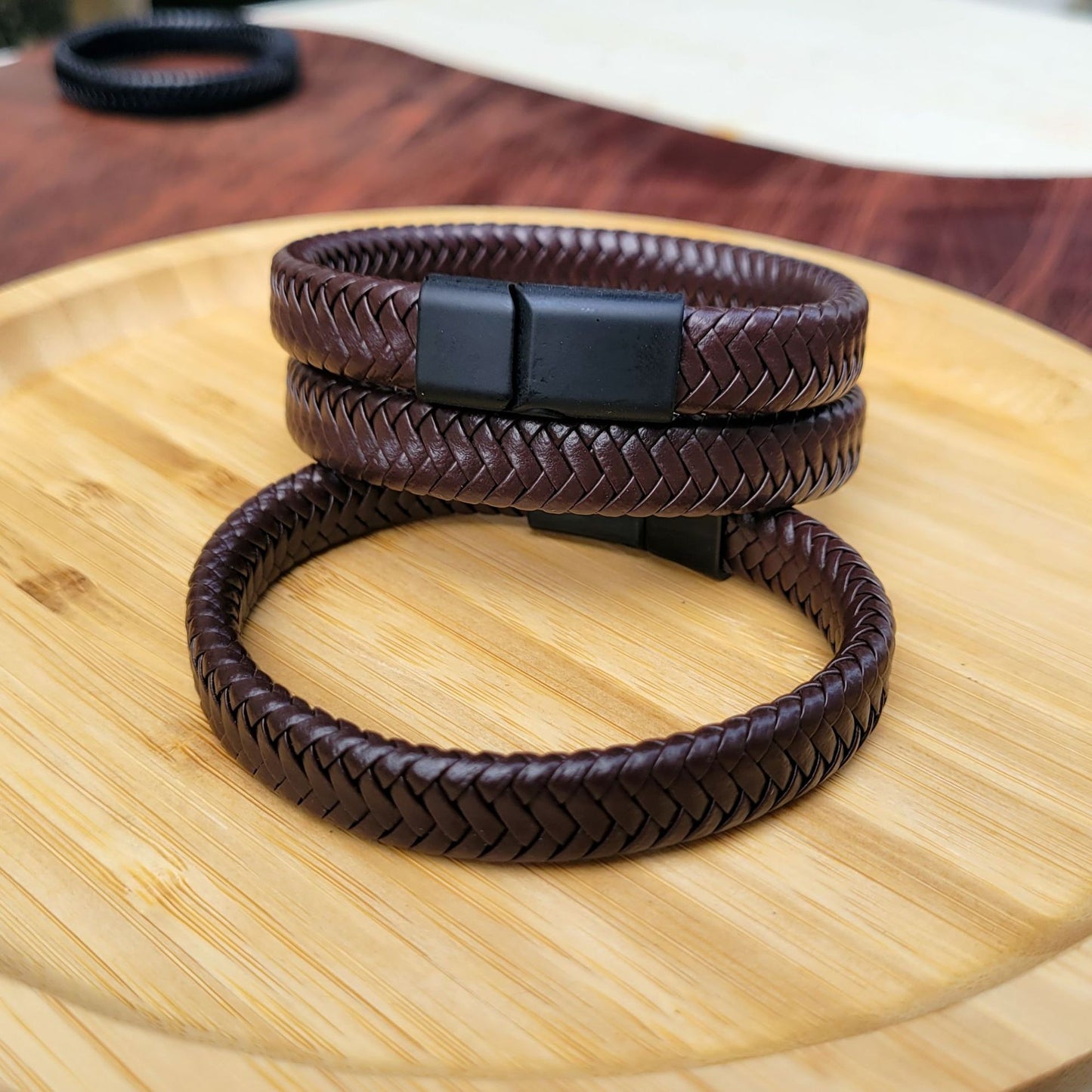 Magnetic Buckle Black Woven Leather Bracelet