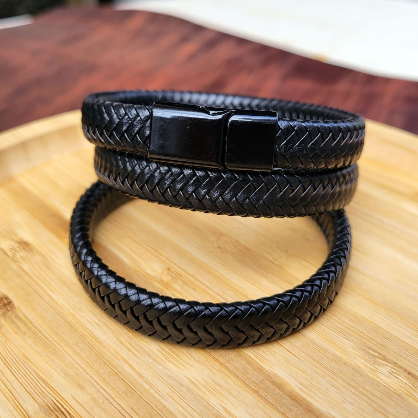 Magnetic Buckle Black Woven Leather Bracelet