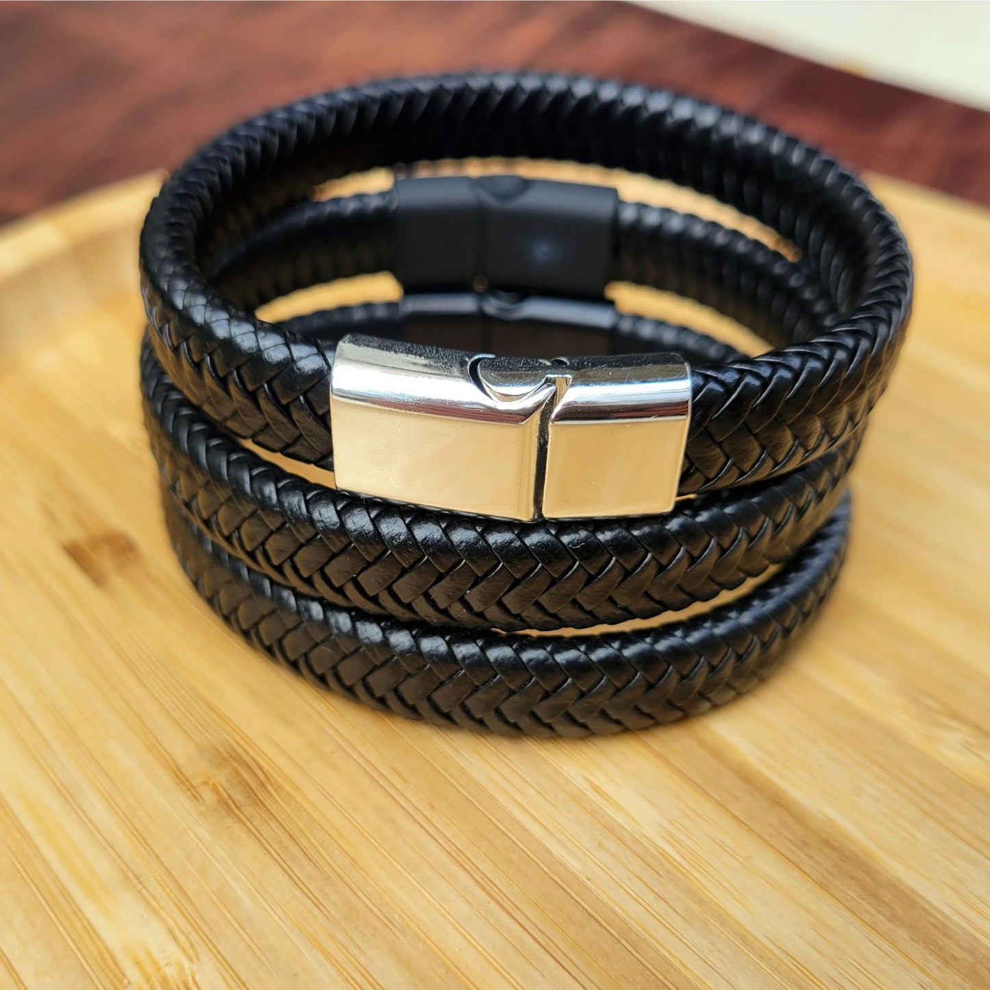 Magnetic Buckle Black Woven Leather Bracelet