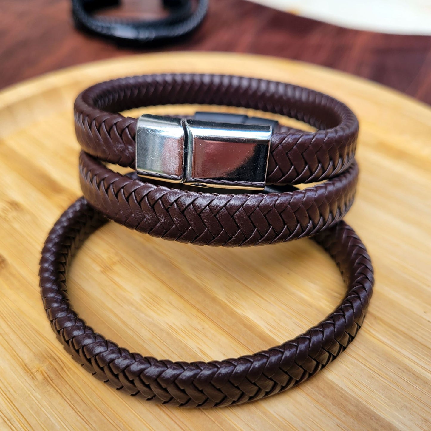 Magnetic Buckle Black Woven Leather Bracelet