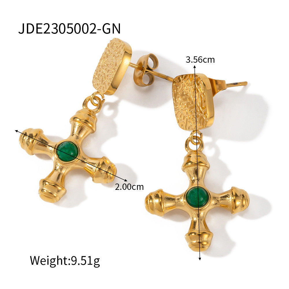 18K Gold Stainless Steel Inlaid Tigereye Cross Pendant Earrings For Women