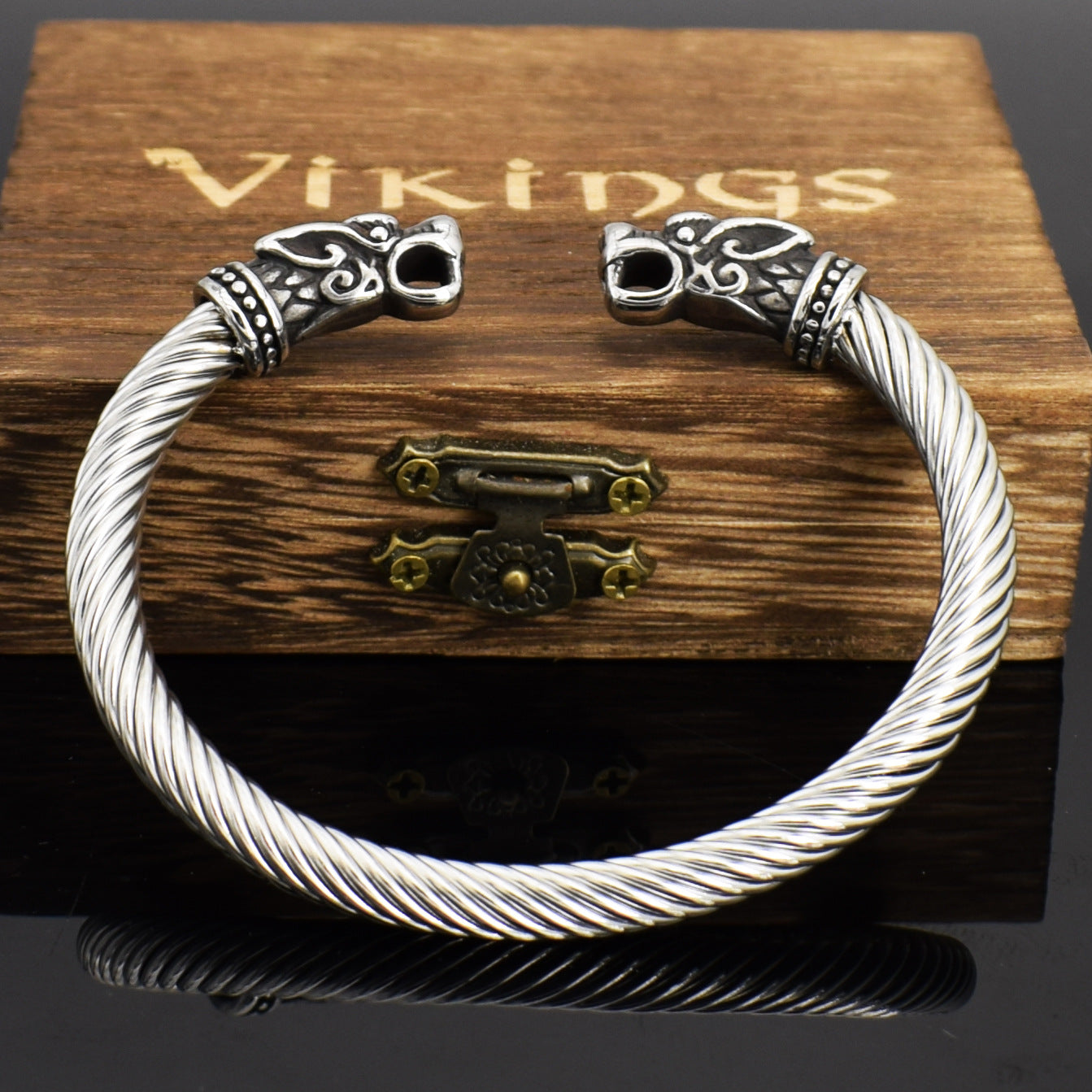 Viking Men's Double Dragon Domineering Stainless Steel Wolf Head Bracelet