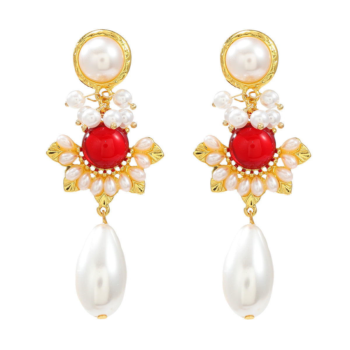 Vintage Earrings Flower Female Alloy Inlaid Pearl