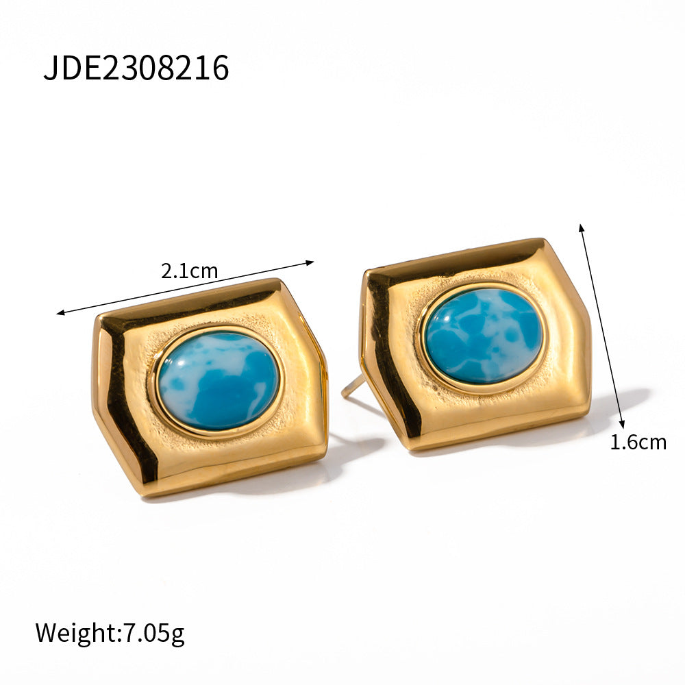 New 18K Gold Stainless Steel Sea-pattern Stone Rectangle Earrings