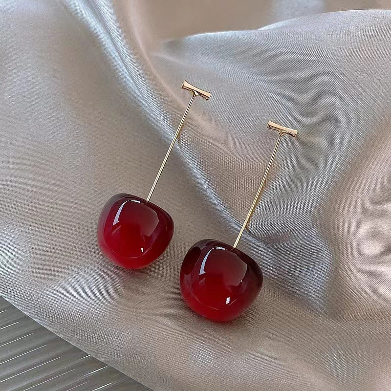 Sterling Silver Needle Long Red Cherry Earrings