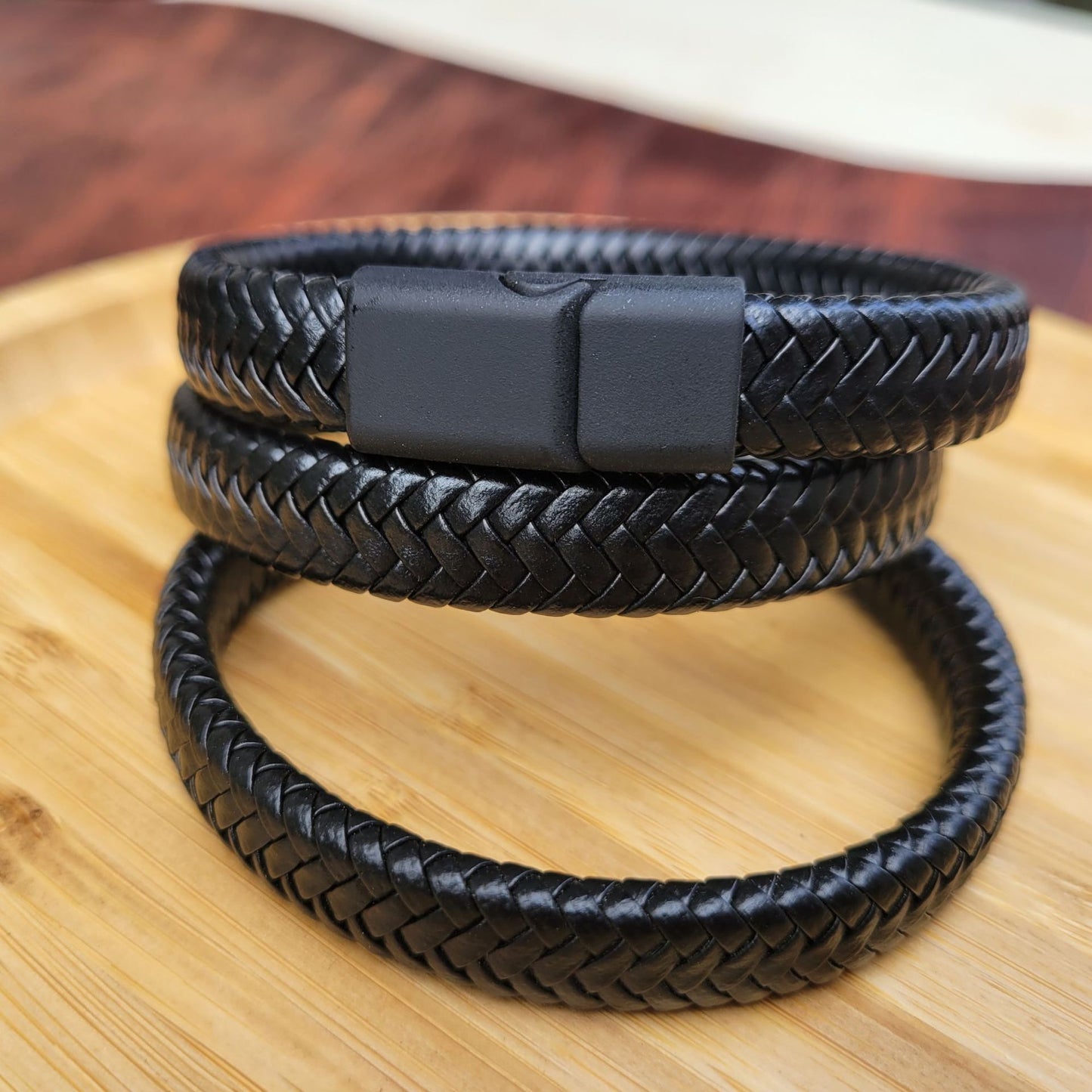 Magnetic Buckle Black Woven Leather Bracelet