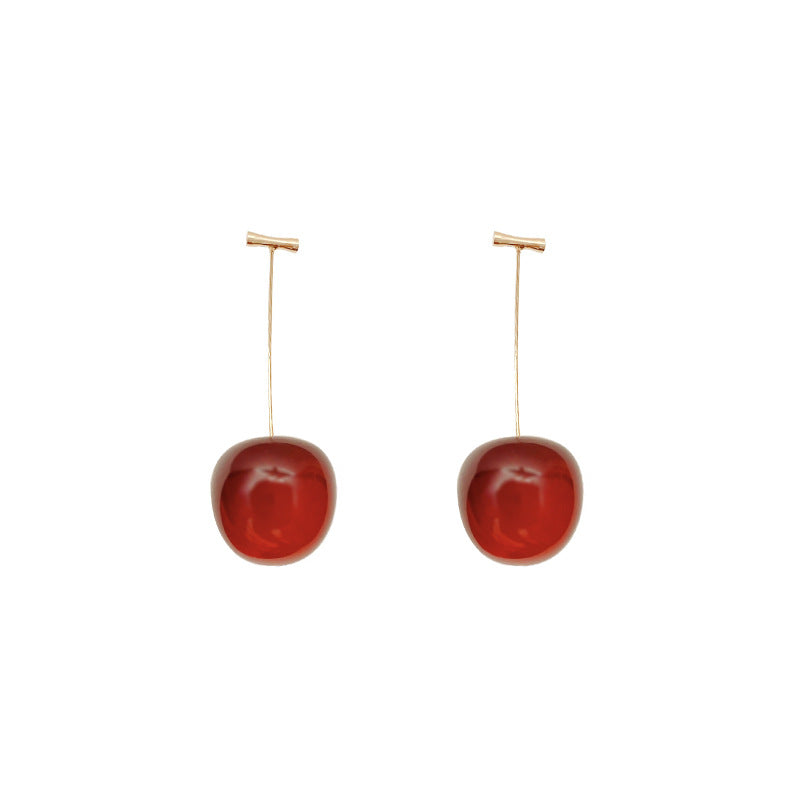 Sterling Silver Needle Long Red Cherry Earrings