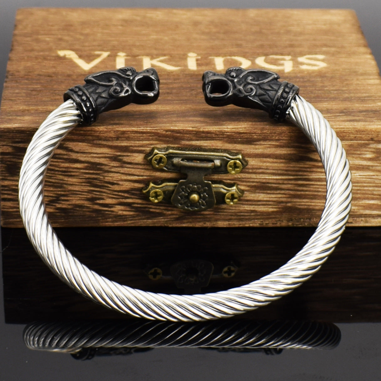 Viking Men's Double Dragon Domineering Stainless Steel Wolf Head Bracelet