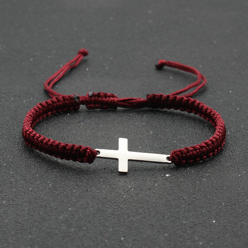 Simple Stainless Steel Cross Hand-woven Adjustable Red Rope Bracelet