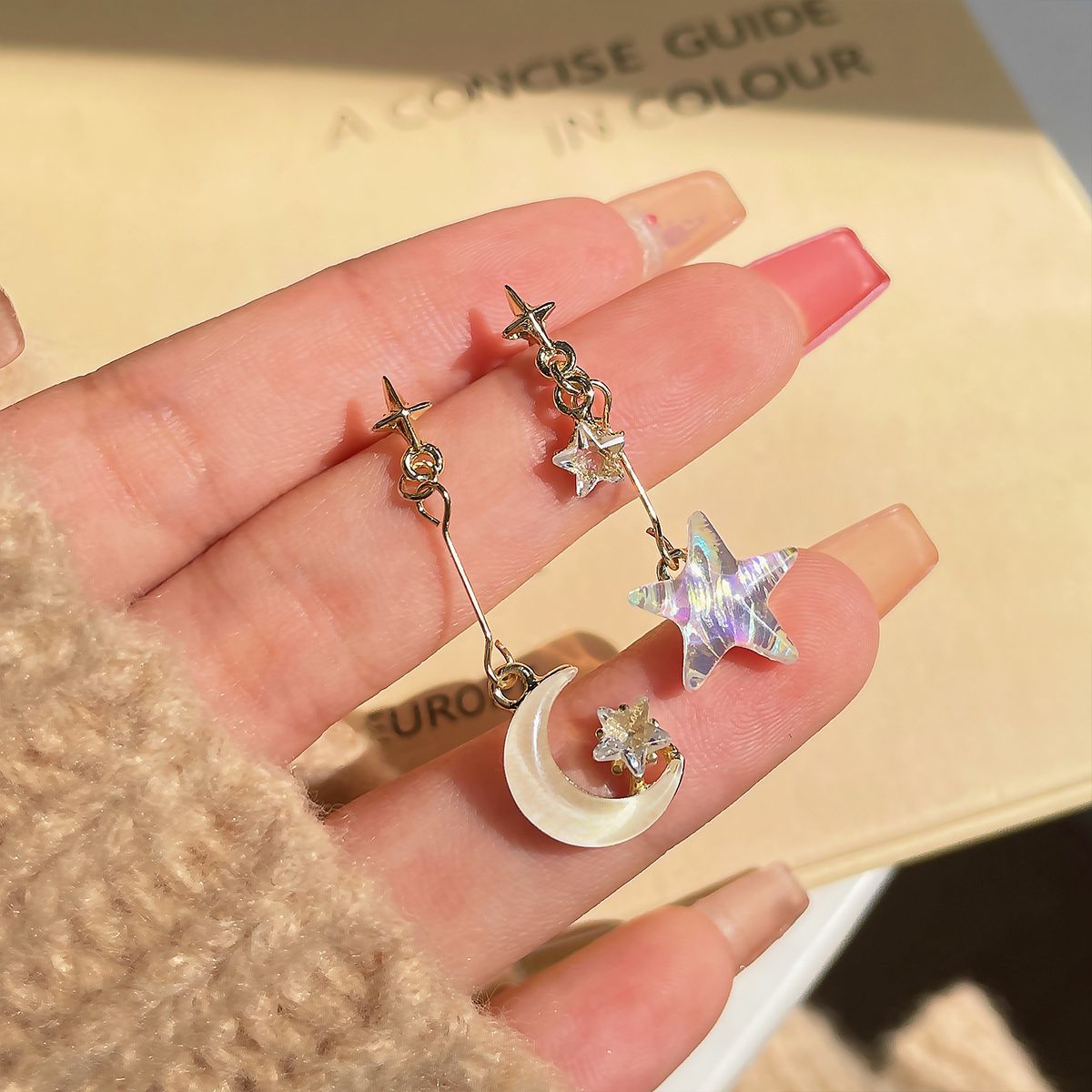 Colorful Star Moon Asymmetric Earrings Female Niche