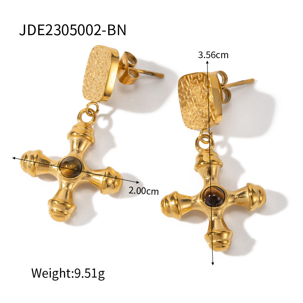 18K Gold Stainless Steel Inlaid Tigereye Cross Pendant Earrings For Women