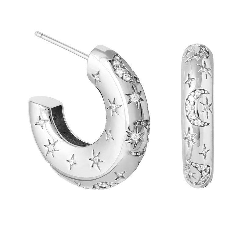 Sterling Silver Needle European And American Entry Lux Personality Metallic Broken Zirconium C- Shaped Star And Moon Earrings