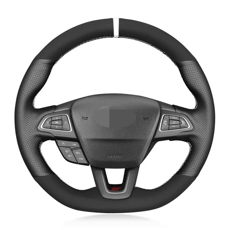 Black Genuine Leather Suede Car Steering Wheel Cover Car Accessories For Ford Focus (RS | ST | ST-Line) 2015-2018 Kuga Ecosport