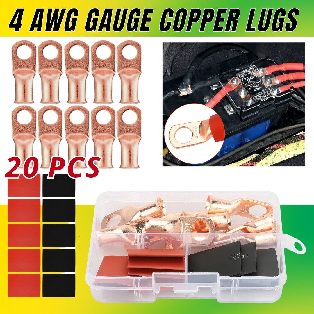 4 Gauge AWG Pure Copper Lugs Ring Terminals Connectors Log With Heat Shrink Kit