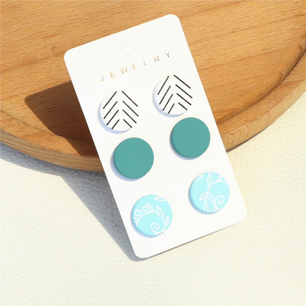 Elegant Striped Light Blue Printed Acrylic Small Round Earrings