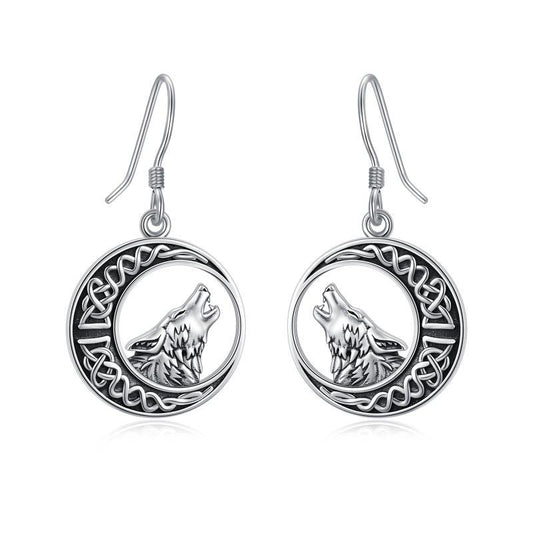 Wolf Celtic Moon Dangle Drop Earrings in Sterling Silver