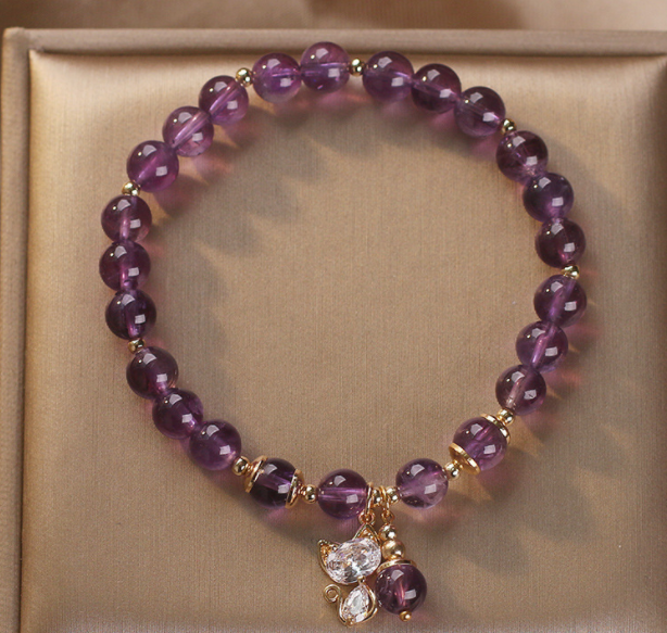 Natural Amethyst Female Cat Pendant Bracelet