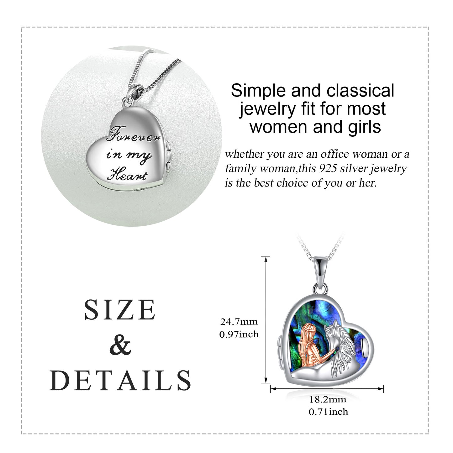 Horse and Girl Abalone Shellfish Heart Sterling Silver Photo Locket Necklace