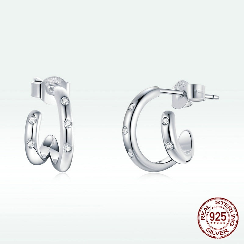 Simple And Popular Lines Geometric Zircon Original Sterling Silver S925 Double Hoop Earrings