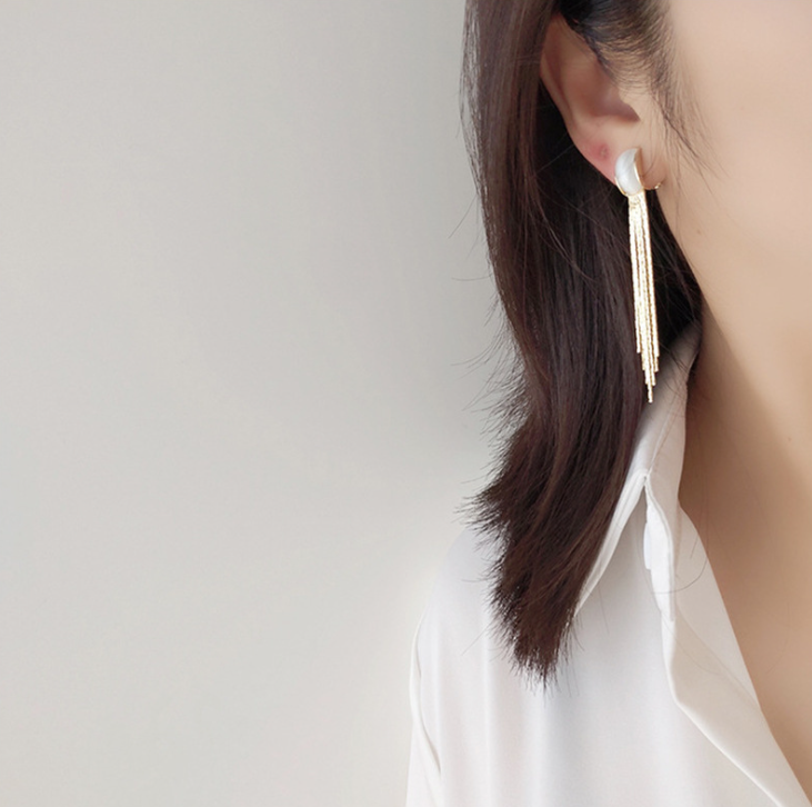 Cymophanitel Long Non-piercing Ear Clip Women's High-grade Temperament Chain Tassel Earrings