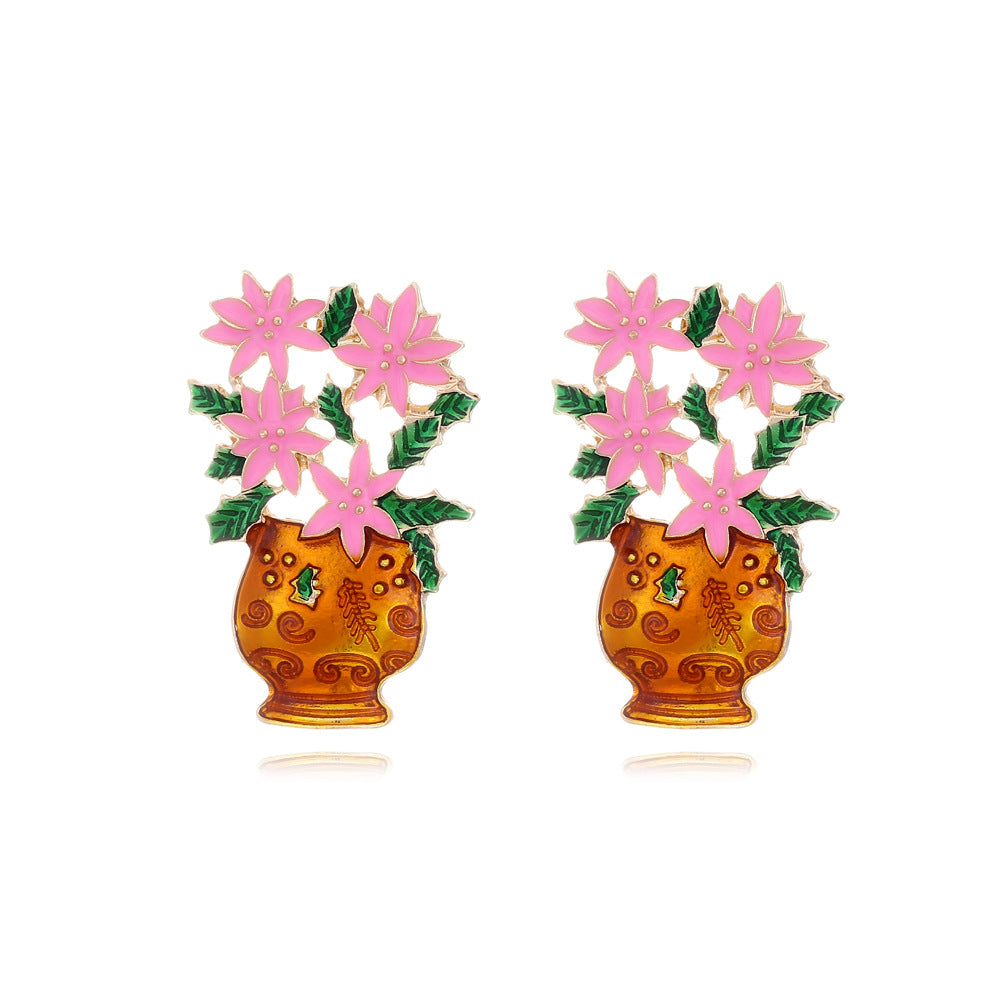 Elegant Alloy Oil Dripping Potted Flower Color Enamel Flower Stud Earrings