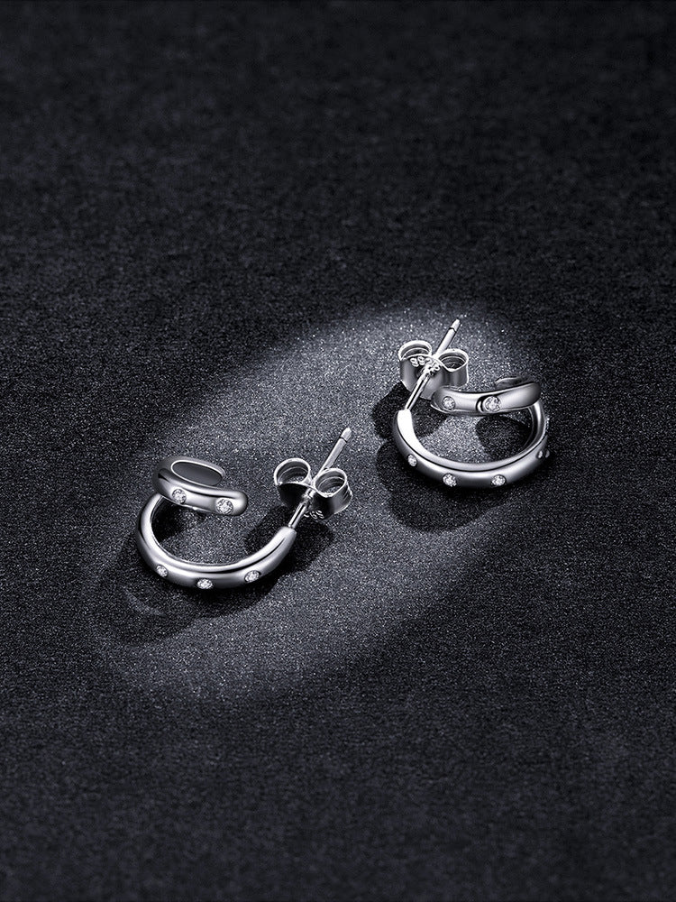 Simple And Popular Lines Geometric Zircon Original Sterling Silver S925 Double Hoop Earrings