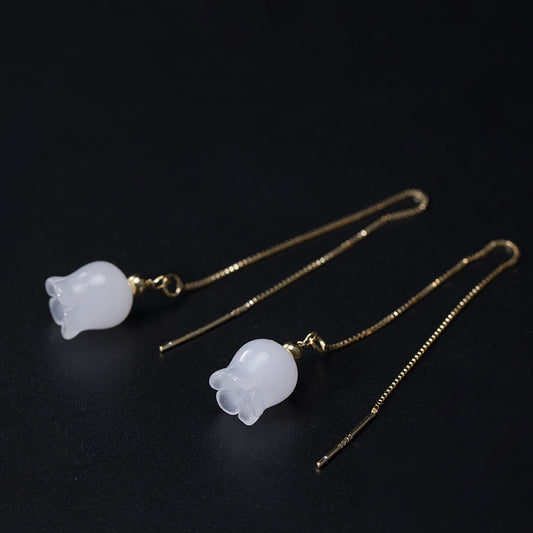 White Jade Wind Chimes Silver Earrings Retro Ethnic Style Earrings Simple Lady