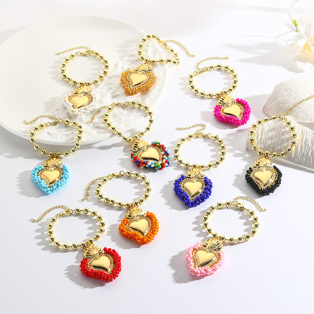 Retro Small Rice-shaped Beads Hand-woven Heart Bracelet