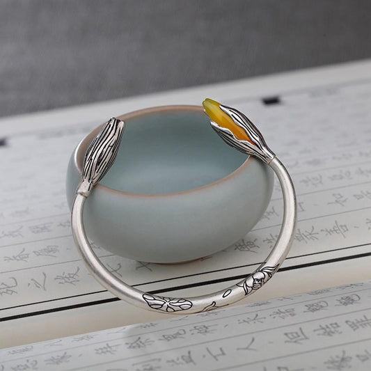 925 Sterling Silver Bracelet Lotus Leaf Chalcedony Personalized Ethnic Style Ornament