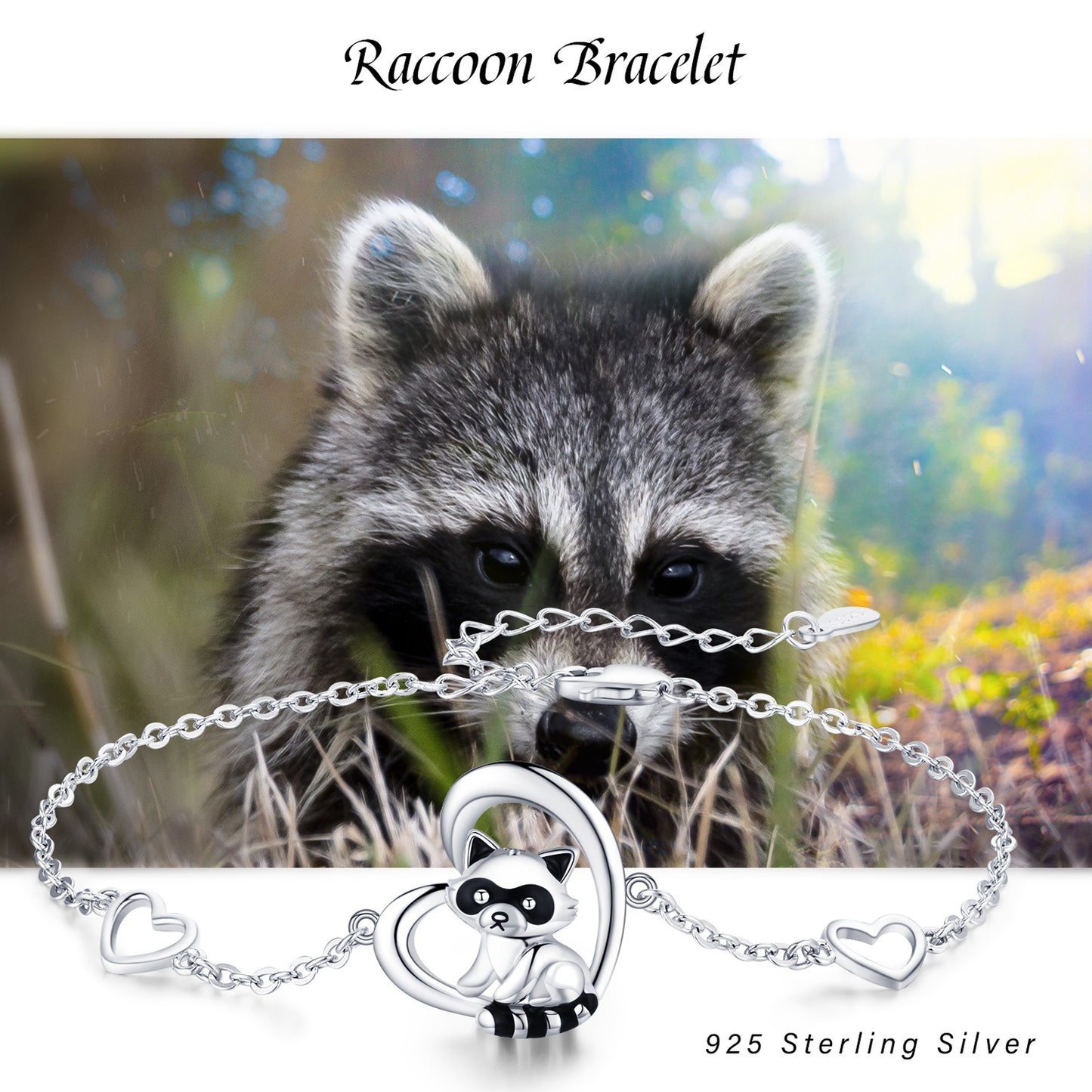 925 Sterling Silver Heart Charm Raccoon Bracelet Animal Jewelry Gifts For Women Girls Teen