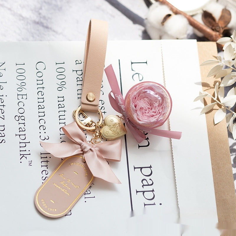 Preserved Flower Keychain Leather Bookmark Pendant