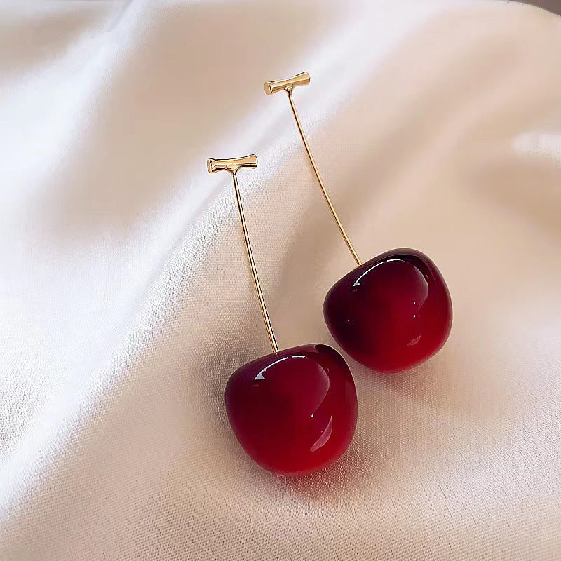 Sterling Silver Needle Long Red Cherry Earrings