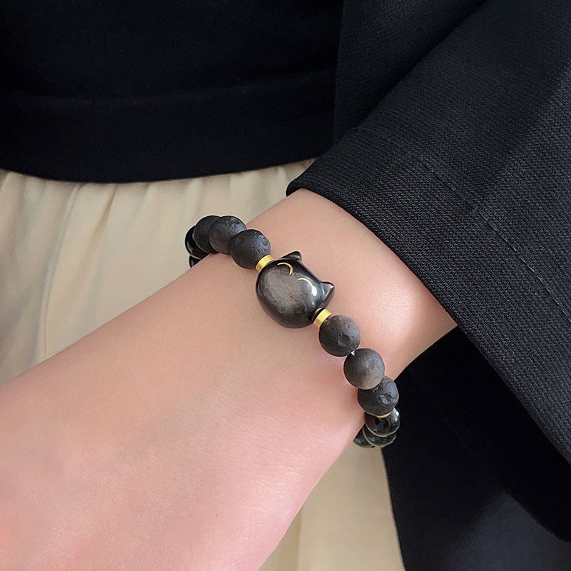 Natural Obsidian Cat Head Bracelet For Men And Women