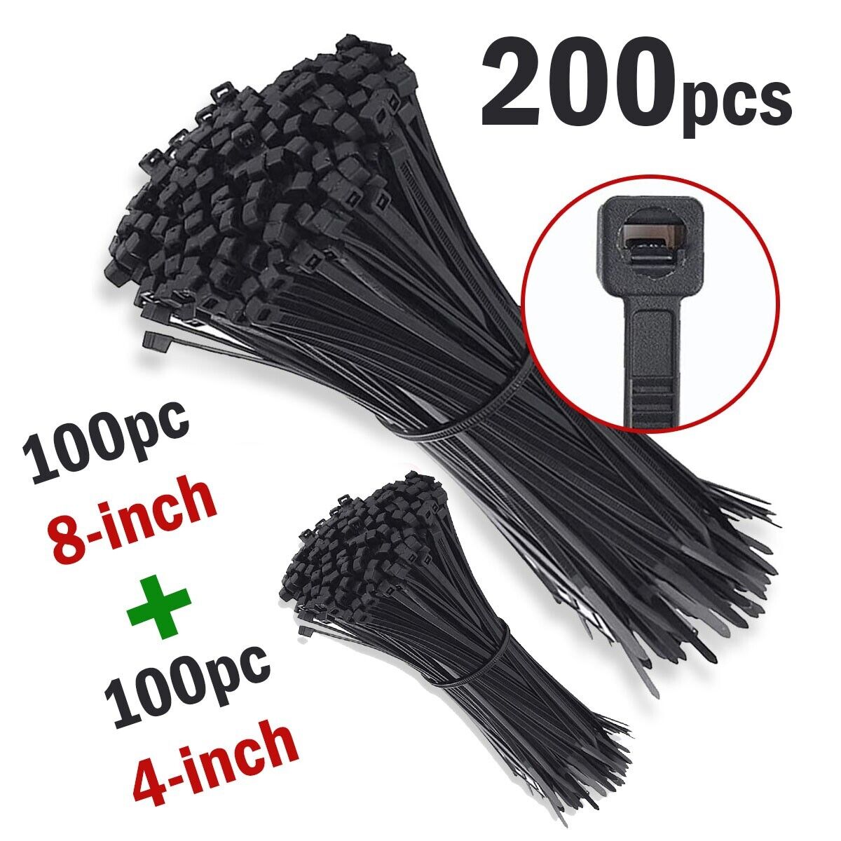 200PCS Cable Ties Zip Nylon Black Nylon Wire Wrap Tie UV Weather Resistant