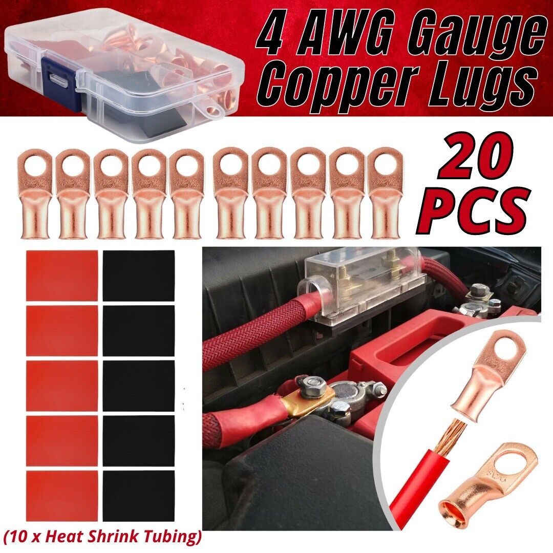 4 Gauge AWG Pure Copper Lugs Ring Terminals Connectors Log With Heat Shrink Kit