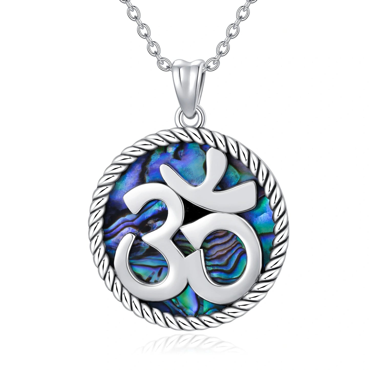 925 Sterling Silver Yoga with Abalone Shell Indian Yoga Aum Om Ohm Symbol Pendant Necklace Jewelry