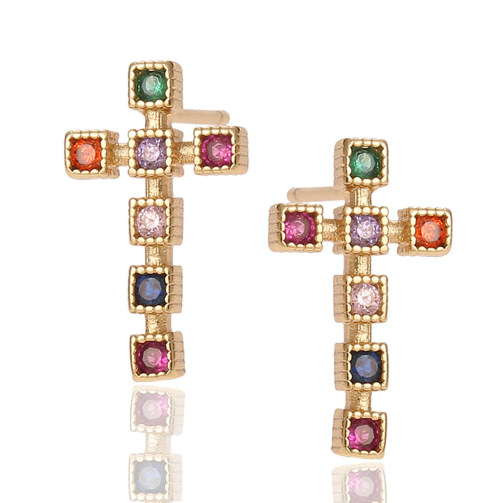 Women's Religious Ornament Copper Micro Inlaid Zircon Cross All-match Earrings