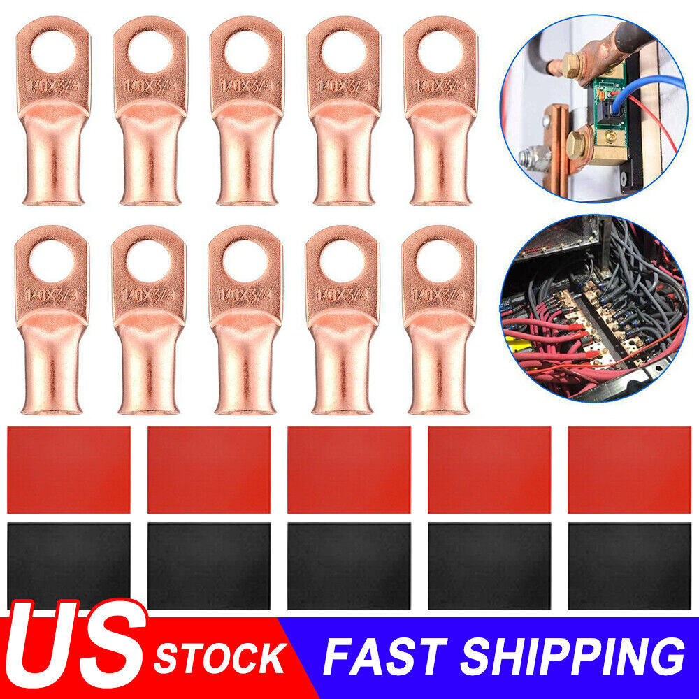 4 Gauge AWG Pure Copper Lugs Ring Terminals Connectors Log With Heat Shrink Kit