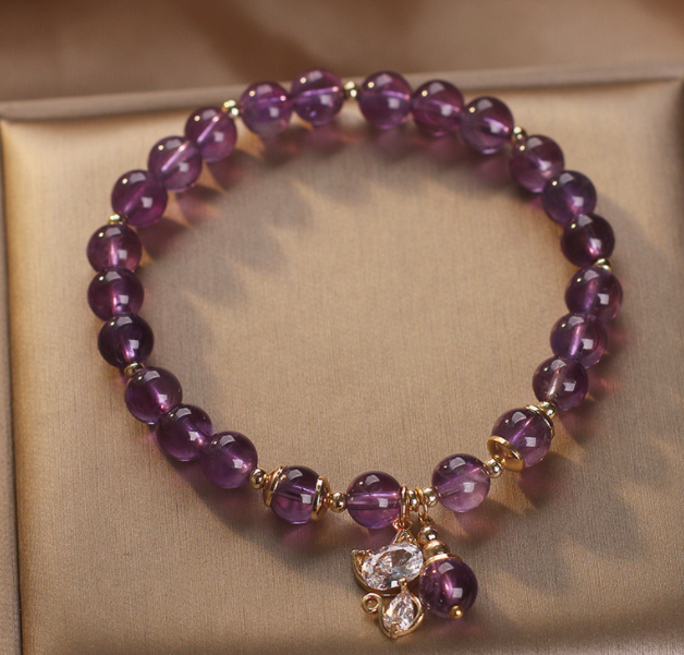 Natural Amethyst Female Cat Pendant Bracelet