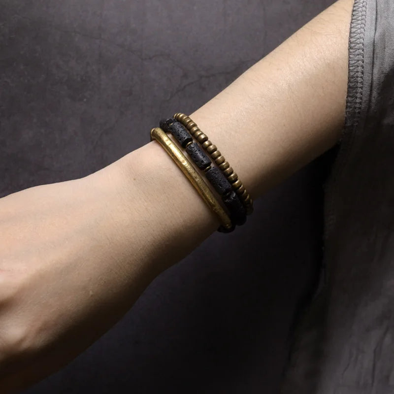 Multilayer Handmade Brass Tube Volcanic Stone Bracelet