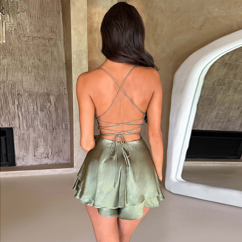 Halter Satin Backless Straps A Swing Dress Summer Sexy Temperament Elegant Celebrity Style Short Dress