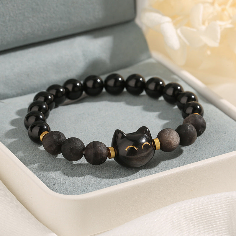 Natural Obsidian Cat Head Bracelet For Men And Women