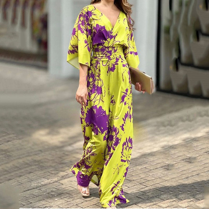 European And American Style Women's Printed High Waist Temperament Fashion Wide Leg Jumpsuit