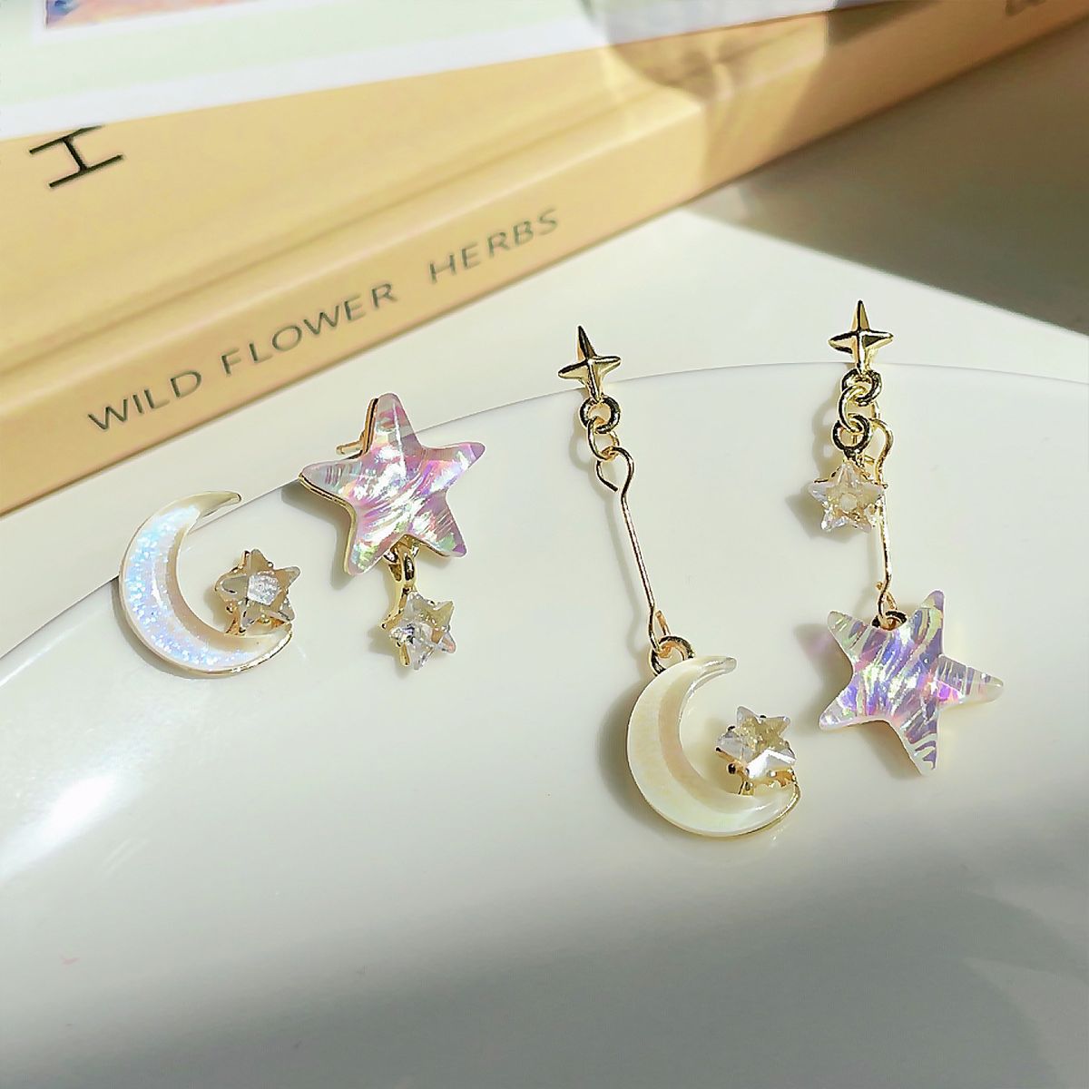 Colorful Star Moon Asymmetric Earrings Female Niche