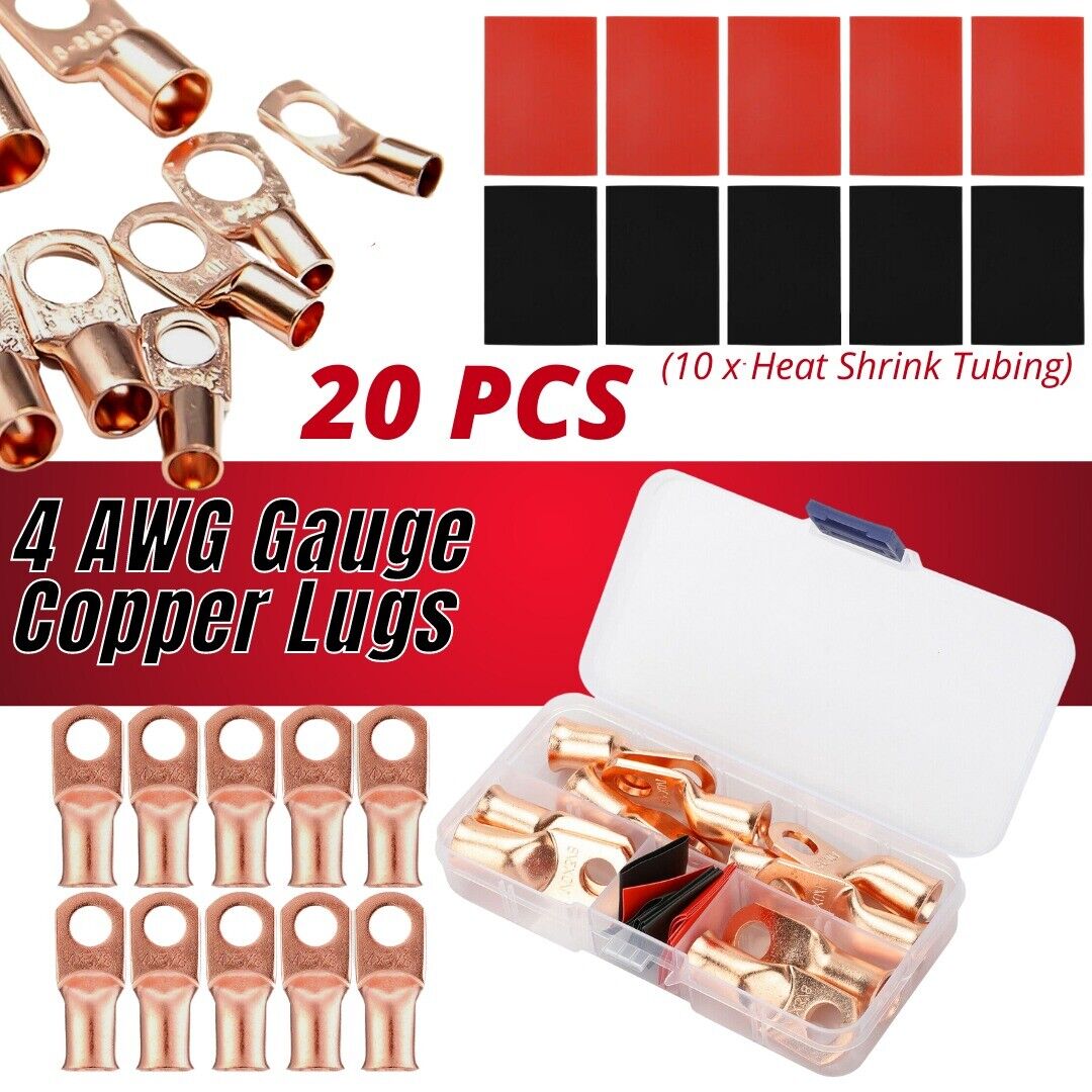 4 Gauge AWG Pure Copper Lugs Ring Terminals Connectors Log With Heat Shrink Kit