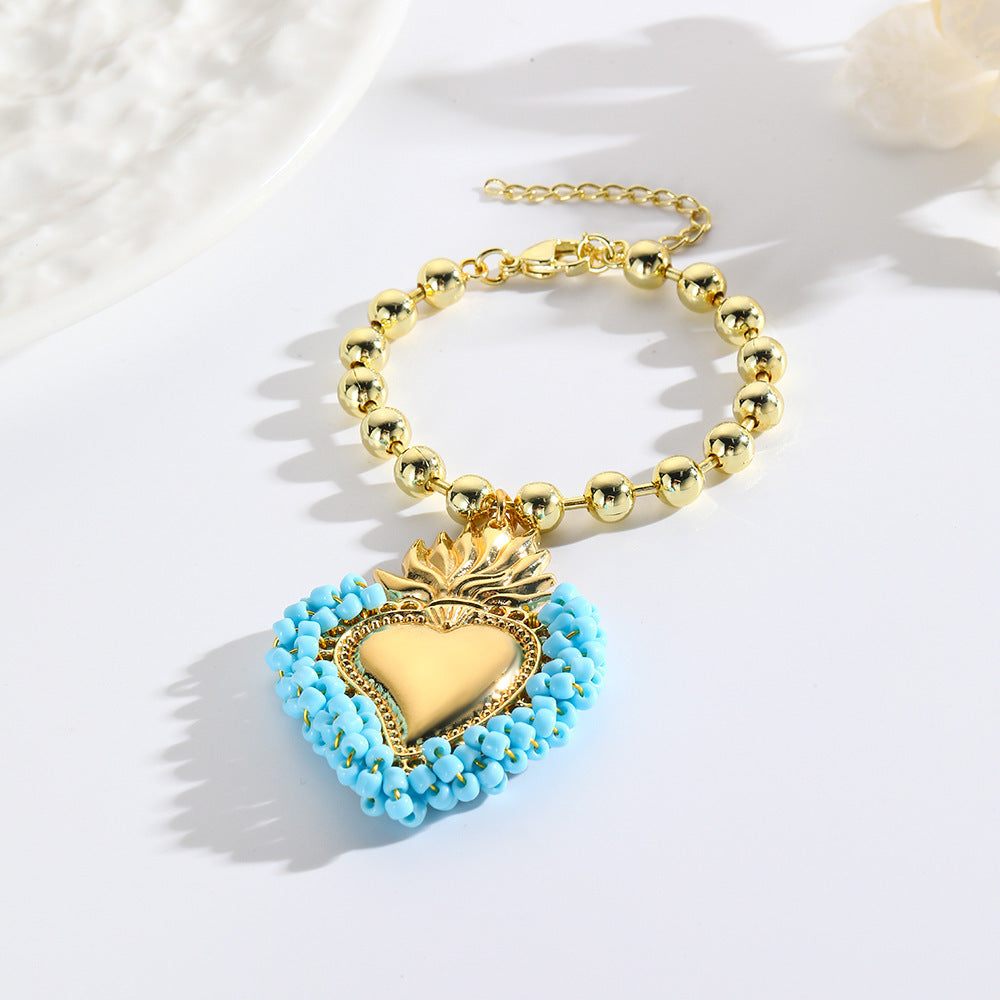 Retro Small Rice-shaped Beads Hand-woven Heart Bracelet