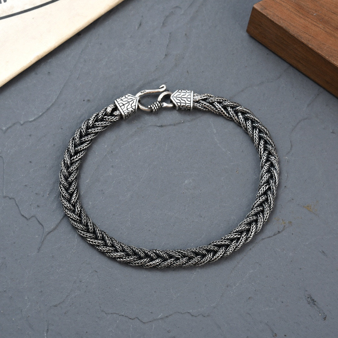 Sterling Silver Heavy Industry Fox Tail Woven Handmade Brace Lace Bracelet